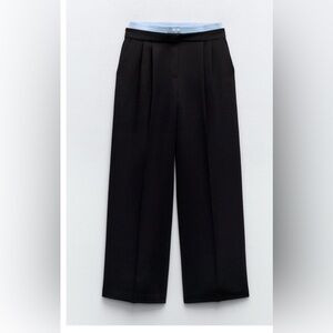 Zara Black Wide-Leg Pants with contrast blue shimmer waistband